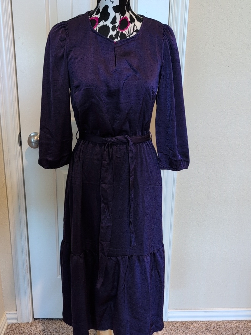 Lucky Brand Deep Purple Long Sleeve Belted Midi Dress Size Small NWT